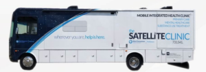 The Satellite Clinic Van with blue front end and white back end.